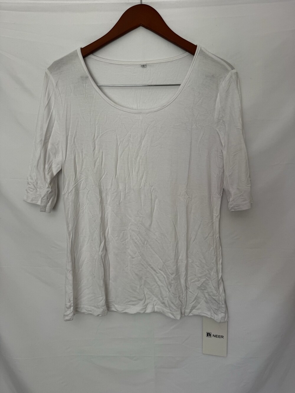 NEER White Cotton Blouse Size L Puff Sleeve Eyelet Trim Top NWT